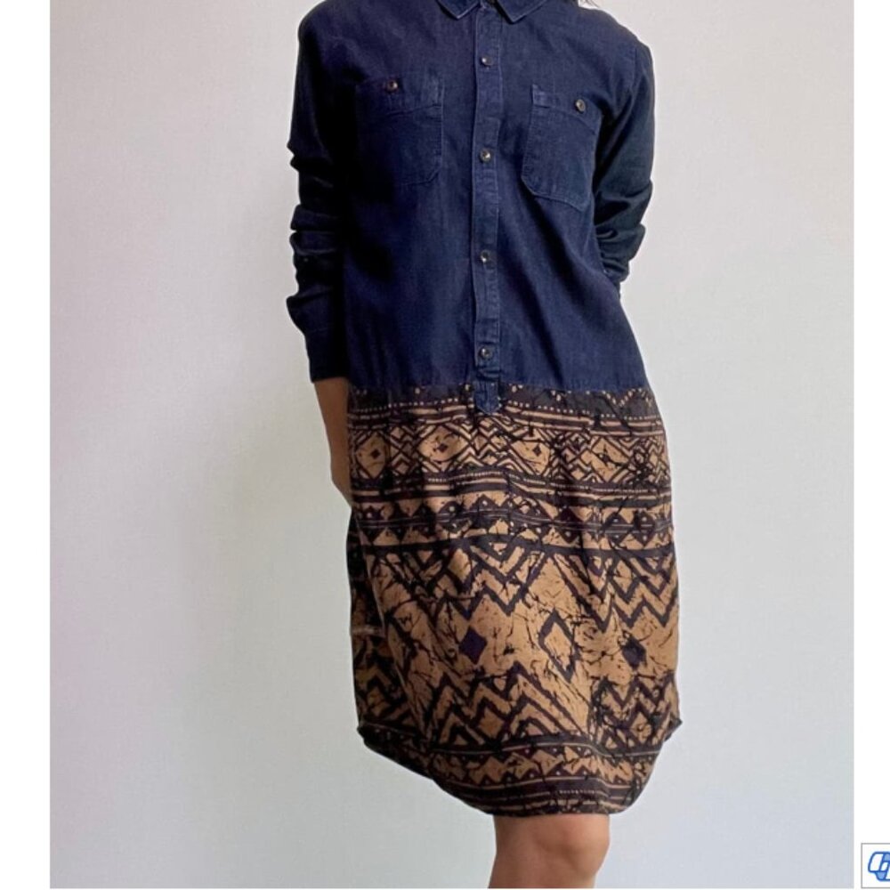 Thursday Island Denim Batik Dress Lightweight Drop Waist Rollup Sleeves Size S - Picture 2 of 15